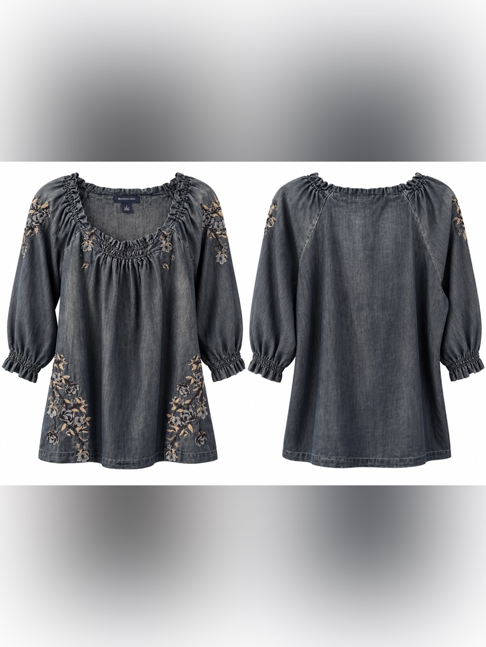 Bandolino Emery Embroidered Peasant Blouse Washed Blue Gray L - Picture 3 of 4